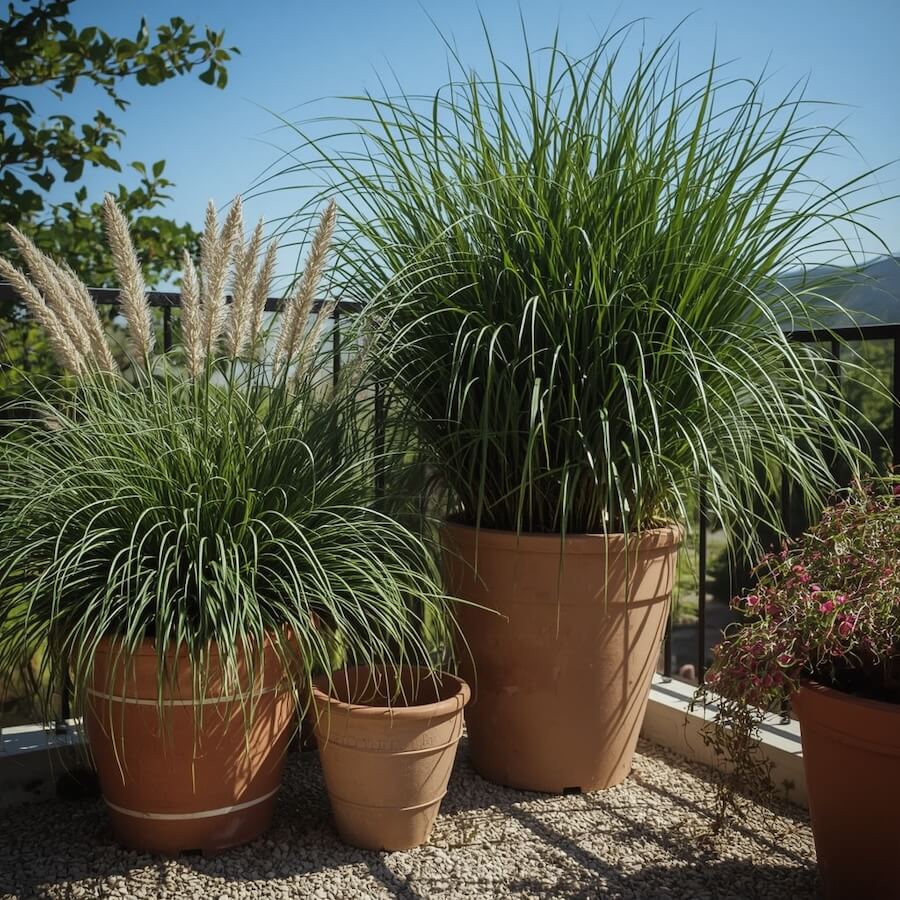 Donica z trawą pampasową na balkonie