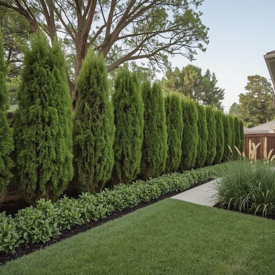 Ściana oddzielająca od sąsiada, tuje jako żywopłot za domem