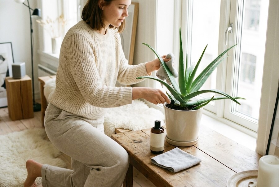 Młoda kobieta nawozi aloes i przeciera jego liście miękką ściereczką, a obok doniczki na stoliku w jasnym salonie stoi butelka nawozu do sukulentów