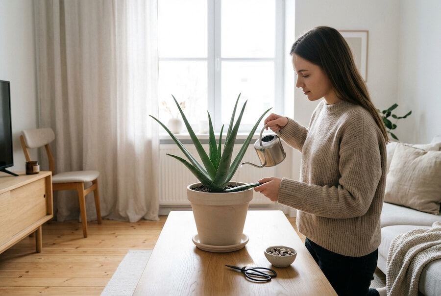 Młoda kobieta delikatnie podlewa aloes w jasnej doniczce z małej metalowej konewki, stojąc przy drewnianym stoliku obok dużego okna w jasnym salonie