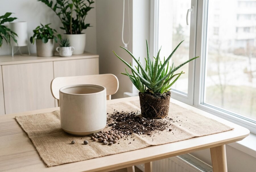 Scena przesadzania aloesu w jasnym salonie: na stoliku z ochronną matą stoi nowa większa doniczka, świeża ziemia do sukulentów, kamyki drenażowe i aloes z odsłoniętą bryłą korzeniową