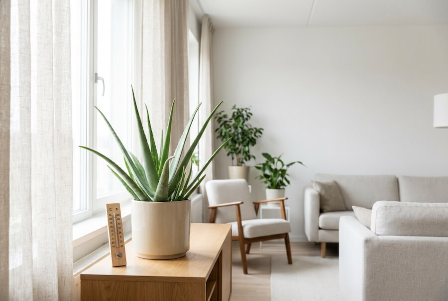 Aloes w jasnej doniczce ustawiony na drewnianym stoliku przy dużym oknie w jasnym salonie, obok mały termometr pokojowy, bez ludzi w kadrze