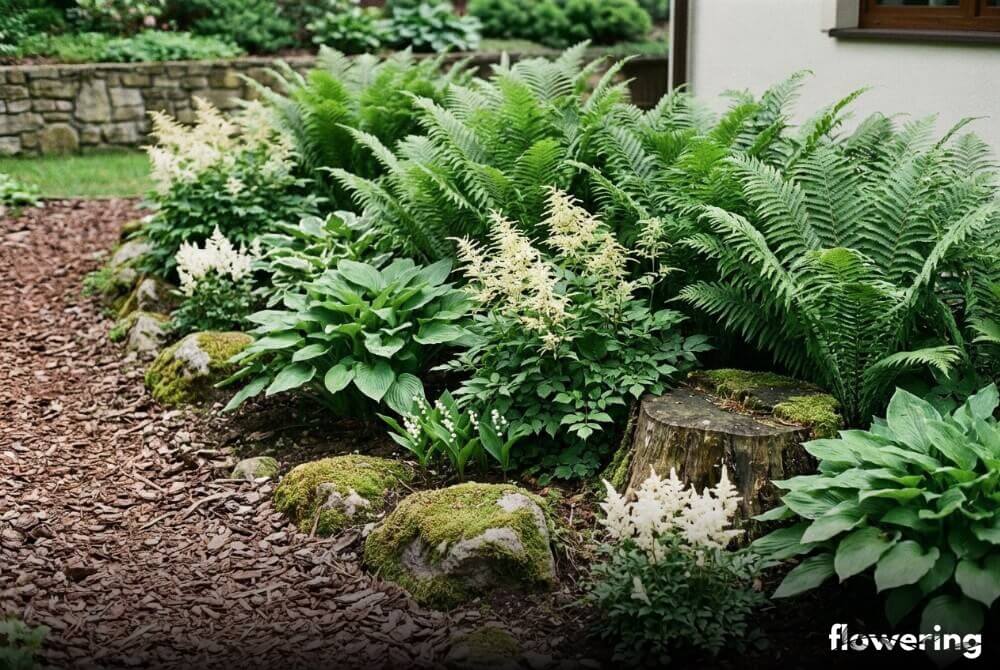 Aranżacja cienistej rabaty z paprociami, funkiami i parzydłem oraz ściółką z kory w stylu naturalistycznym