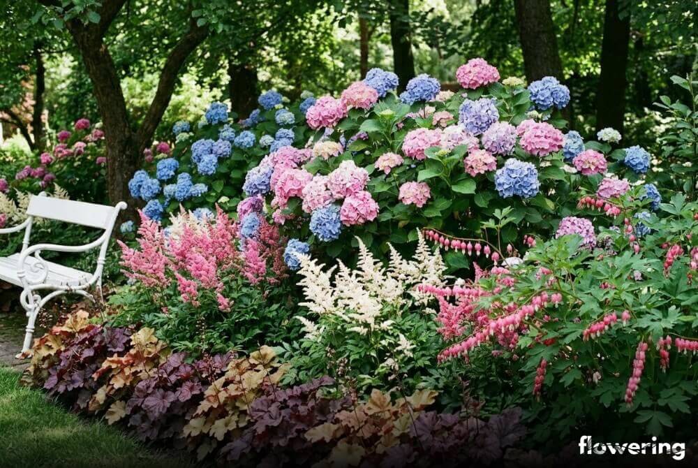 Romantyczna rabata w cieniu z hortensjami ogrodowymi, tawułkami, serduszkami i kolorowymi żurawkami oraz białą ławeczką