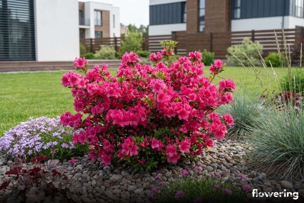 Azalia japońska 'Babuschka' z półpełnymi intensywnie różowymi kwiatami na rabacie w ogrodzie, dom w oddali