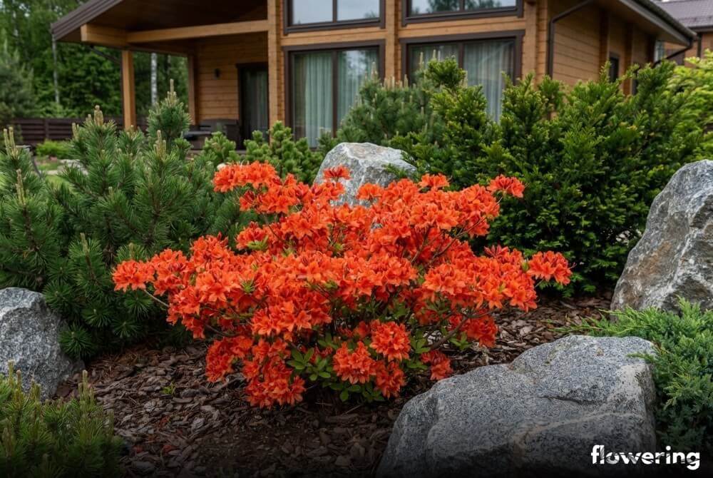 Azalia japońska 'Geisha Orange' o ceglastopomarańczowych kwiatach jako wyrazisty akcent w ogrodzie, dom w oddali