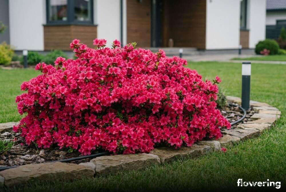 Azalia japońska 'Kermesina' o rubinoworóżowych kwiatach na rabacie w ogrodzie, w tle dom w oddali