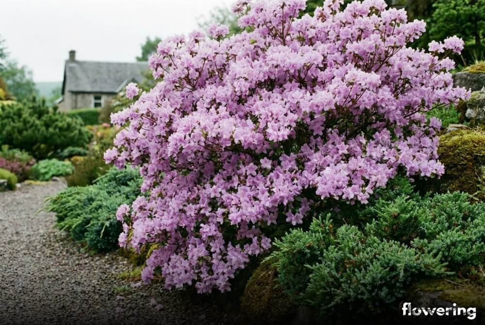 Azalia japońska 'Ledikanense' o jasnofioletowych kwiatach rosnąca przy ścieżce w ogrodzie, dom daleko w tle
