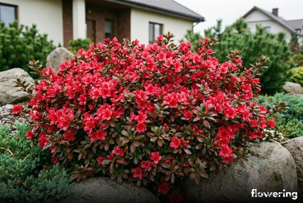 Azalia japońska 'Maruschka' o karminowoczerwonych kwiatach i ciemnych liściach rosnąca w ogrodzie, dom w tle