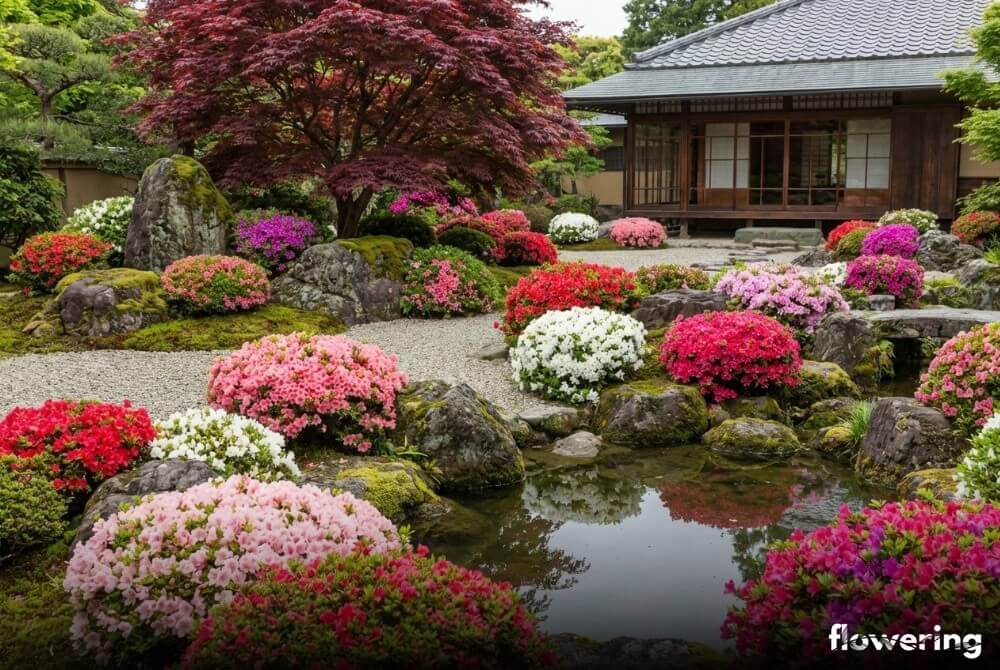 Azalie japońskie tworzące barwne poduchy w ogrodzie japońskim z kamieniami i oczkiem wodnym, dom w oddali