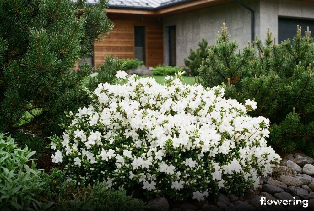Azalia japońska 'Panda' o czysto białych kwiatach rosnąca wśród zieleni, w tle dom w głębi ogrodu