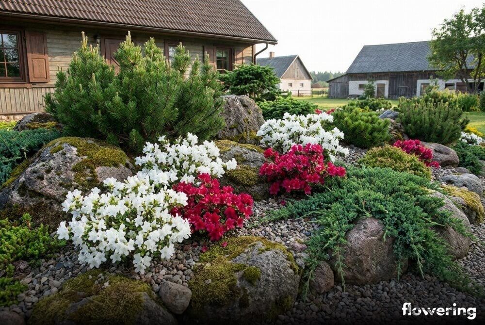 Azalie japońskie 'Panda' i 'Rubinstern' na skalniaku w ogrodzie, dom daleko w tle