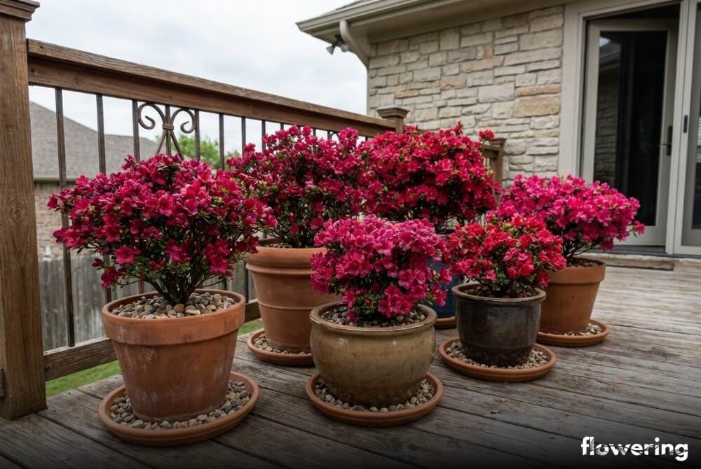 Azalie japońskie kwitnące w donicach na tarasie przy domu