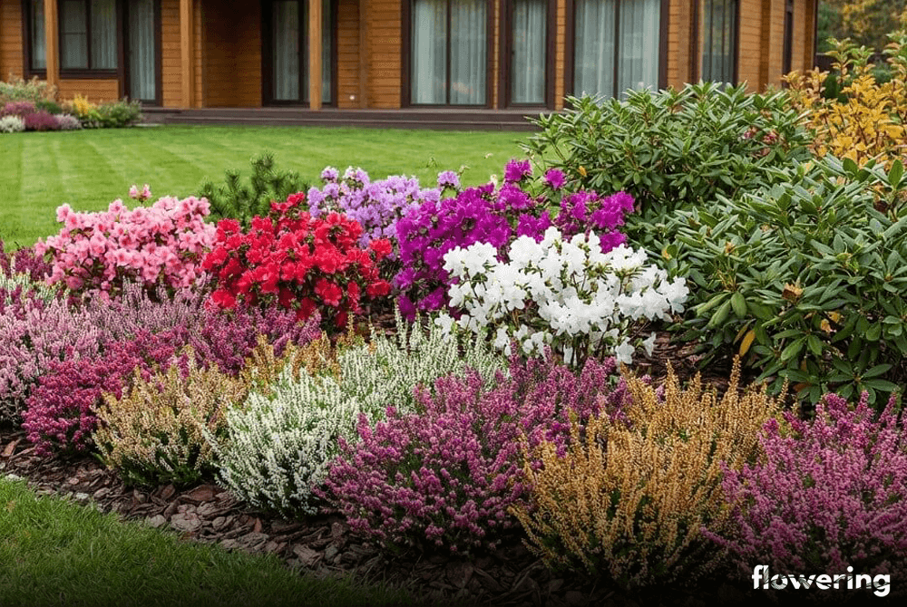 Azalie japońskie w kompozycji z wrzosami, wrzoścami i różanecznikami na wrzosowisku, dom widoczny w tle