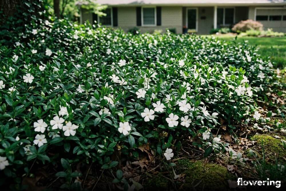 Barwinek pospolity 'Alba' tworzący biało kwitnący dywan okrywowy w cieniu, z domem widocznym w tle