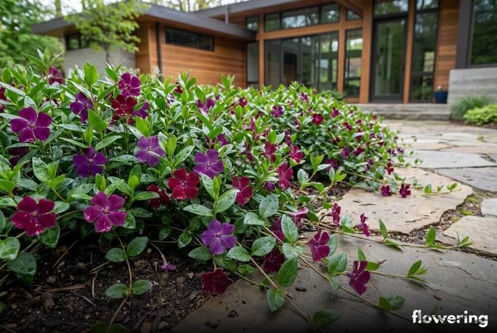 Barwinek pospolity 'Atropurpurea' z purpurowymi kwiatami jako roślina okrywowa przy ścieżce, z domem w tle
