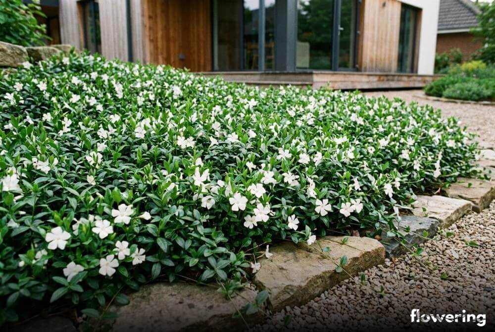 Barwinek pospolity 'Gertrude Jekyll' o zwartym pokroju i białych kwiatach w małym ogrodzie z domem w tle