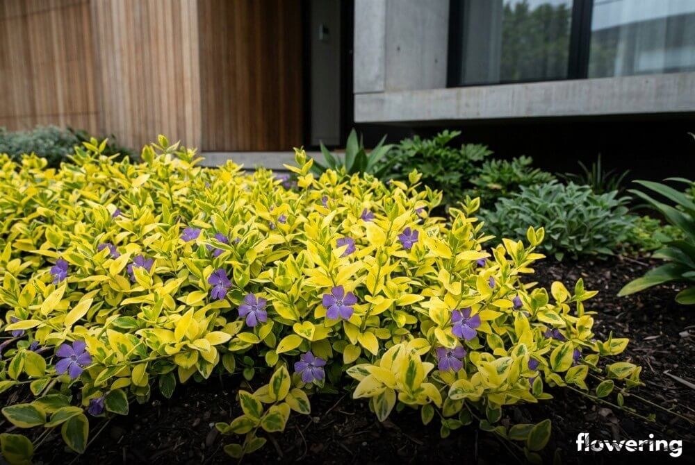 Barwinek pospolity 'Illumination' o żółtych liściach z zielonym obrzeżeniem rozświetlający cienisty fragment ogrodu