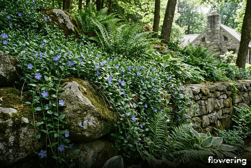 Barwinek pospolity spływający po skarpie i kamieniach w ogrodzie skalnym z paprociami i funkiami