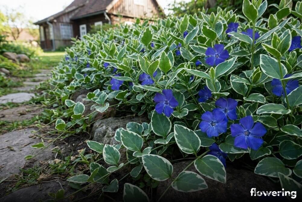 Barwinek pospolity 'Ralph Shugert' z ciemnoniebieskimi kwiatami i liśćmi z białym obrzeżeniem przy ścieżce w ogrodzie