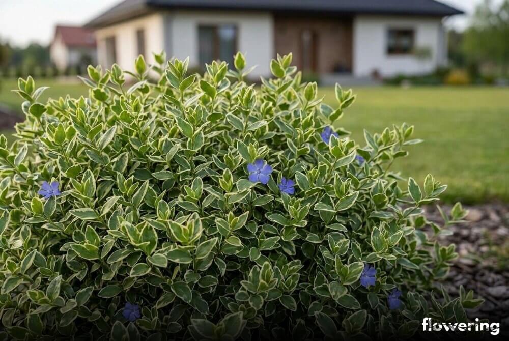 Barwinek pospolity 'Variegata' o liściach z białokremowym marginesem tworzący pstry kobierzec na skarpie