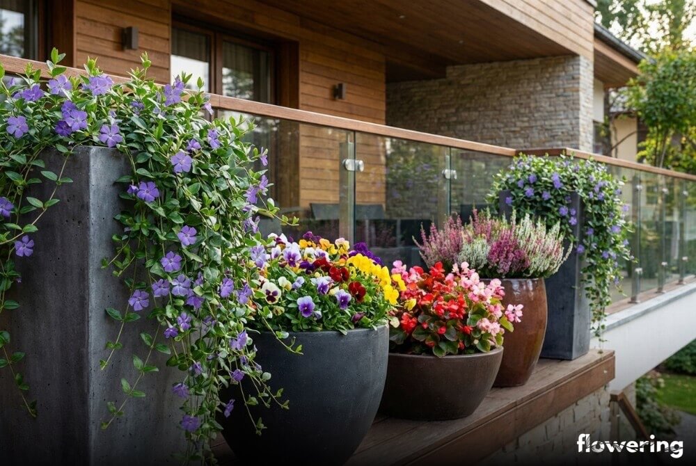 Barwinek pospolity zwisający kaskadowo z donic na tarasie i balkonie w kompozycji z roślinami sezonowymi