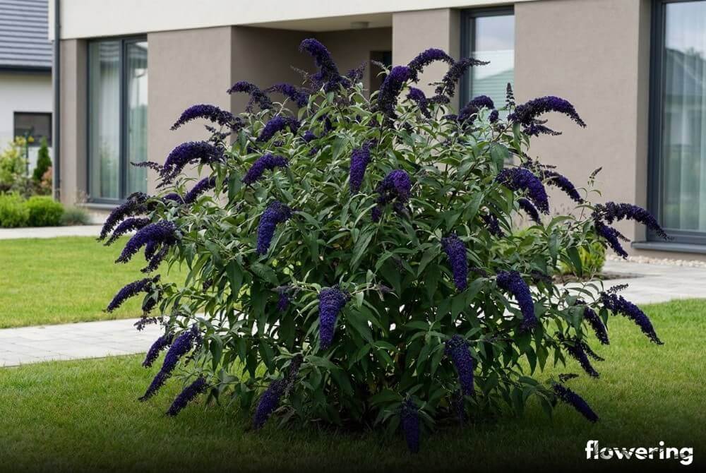 Budleja Dawida 'Black Knight' jako wysoki krzew z bardzo ciemnymi wiechami kwiatów na trawniku przy domu