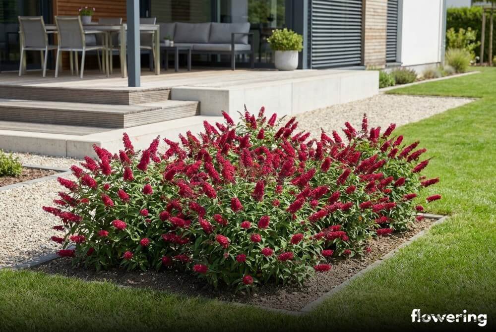 Budleja 'Little Ruby' z serii 'Butterfly Candy' jako niskie krzewy o rubinowych kwiatach przy tarasie domu