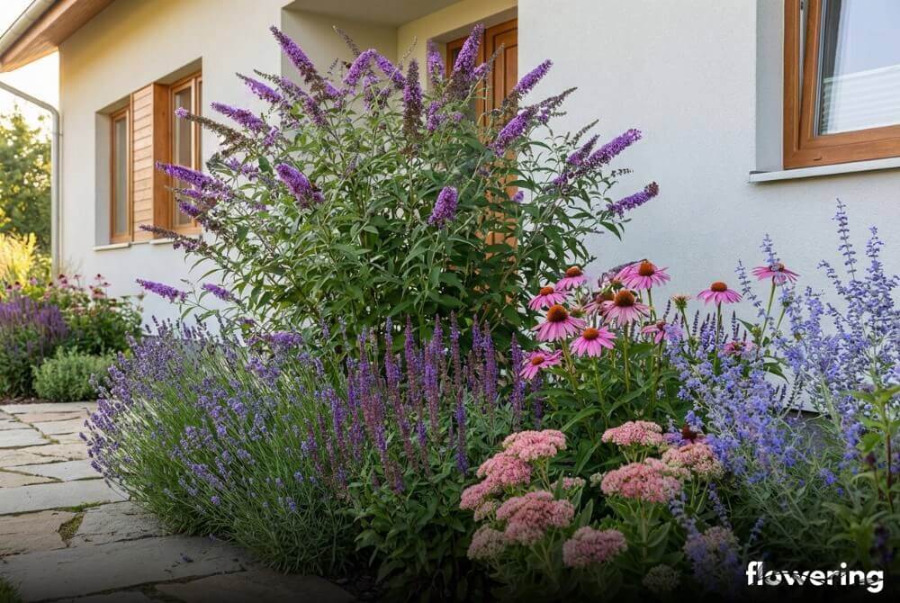 Budleja Dawida z lawendą, szałwią, jeżówką, rozchodnikiem i perowską na letniej rabacie przy domu