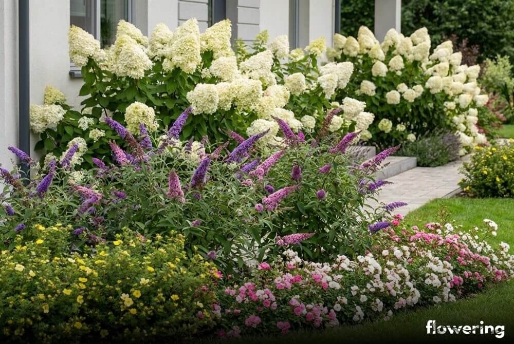 Letnia rabata przy domu z budleją Dawida, hortensjami bukietowymi, pięciornikiem i różami okrywowymi