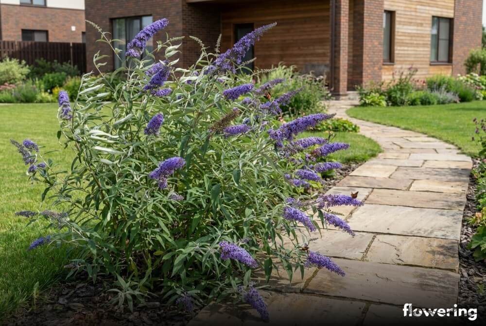 Budleja Dawida 'Nanho Blue' o przewieszającym się pokroju i niebieskofioletowych kwiatach przy ścieżce