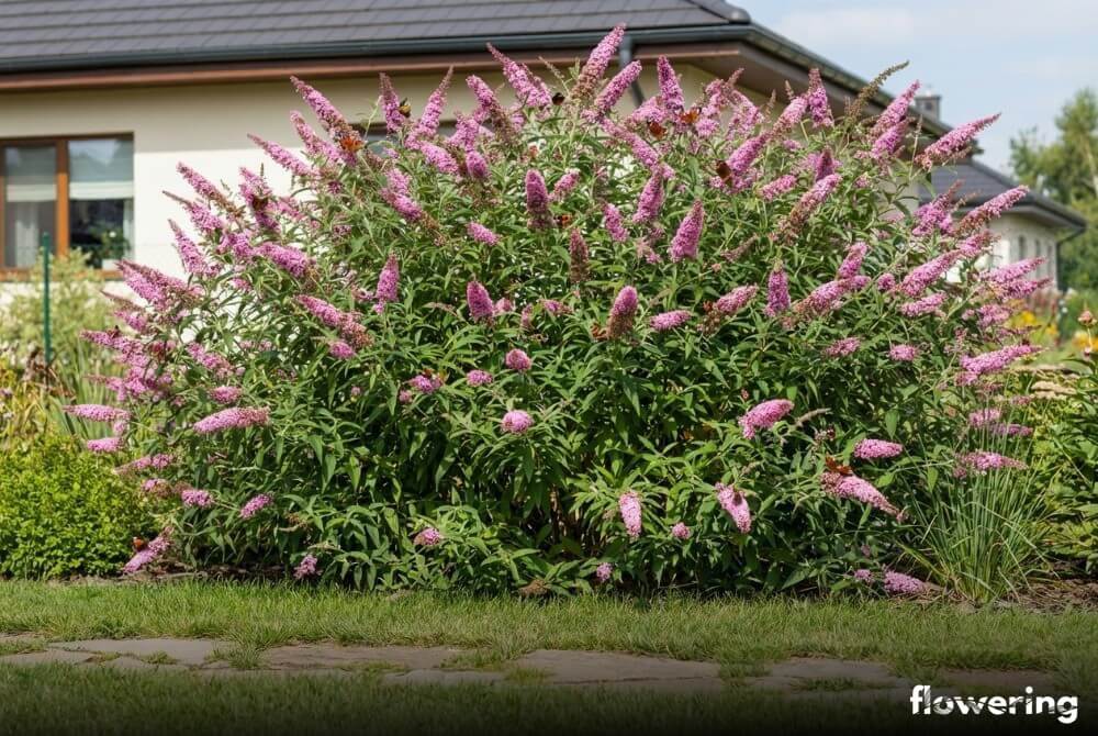 Budleja Dawida 'Pink Delight' jako wysoki krzew z dużymi różowymi wiechami pełnymi motyli