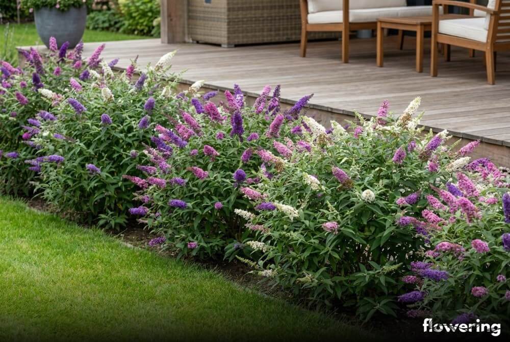 Kompaktowe budleje z serii 'Buzz' w różnych kolorach jako niskie krzewy na przedzie rabaty przy domu