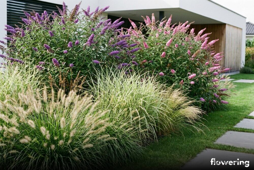 Budleja Dawida z rozplenicą, miskantem 'Morning Light' i ostnicą w letniej kompozycji przy domu