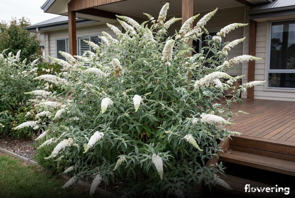 Budleja Dawida 'White Profusion' jako wysoki krzew o śnieżnobiałych wiechach przy tarasie domu