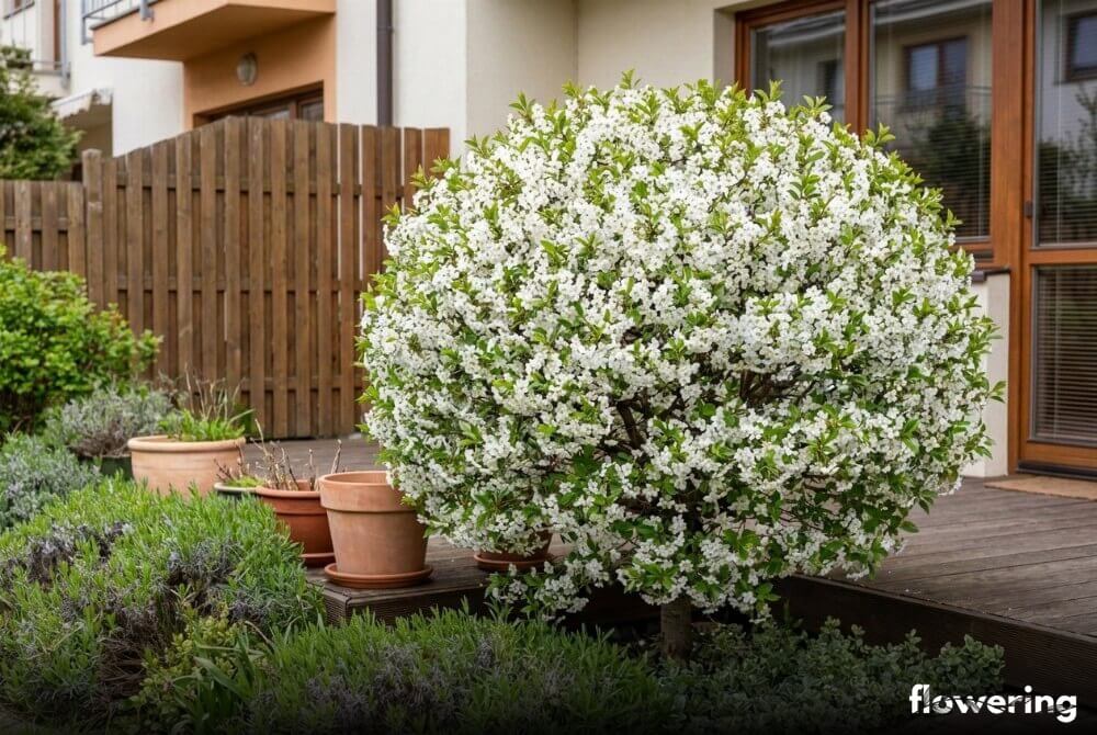 Karłowy krzew czeremchy 'Nana' o kulistej koronie i białych kwiatach posadzony przy tarasie w niewielkim ogrodzie przydomowym