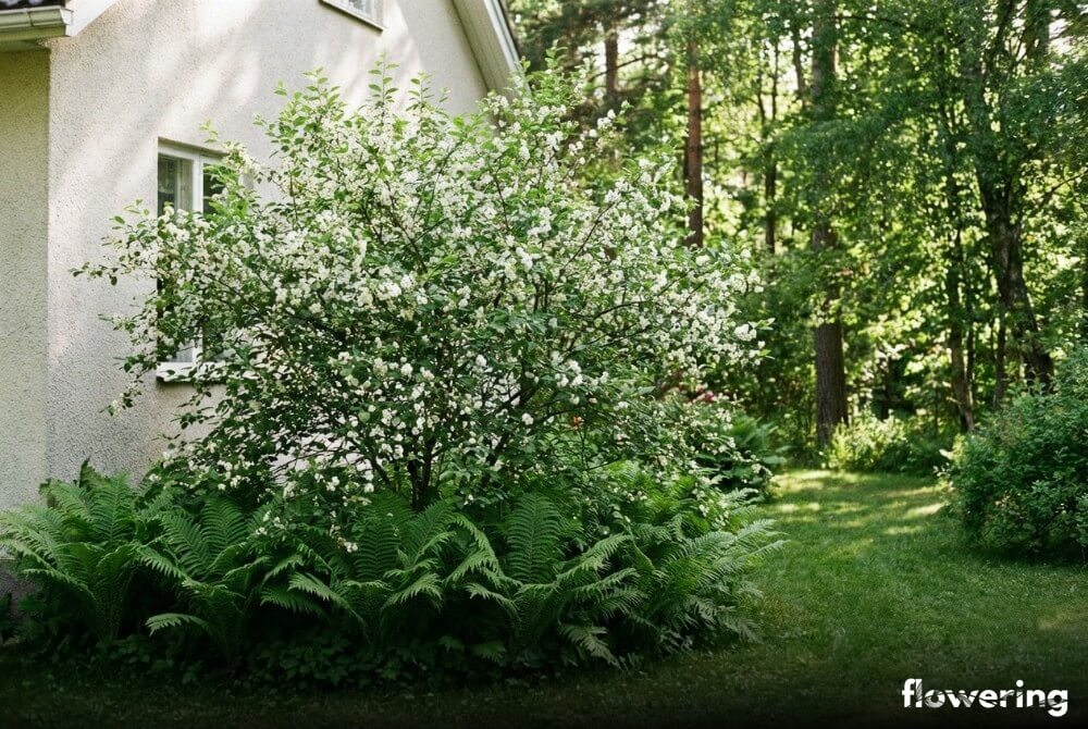 Krzew czeremchy z gęstymi paprociami pióropusznika strusiego tworzącymi dolne piętro rabaty przy domu
