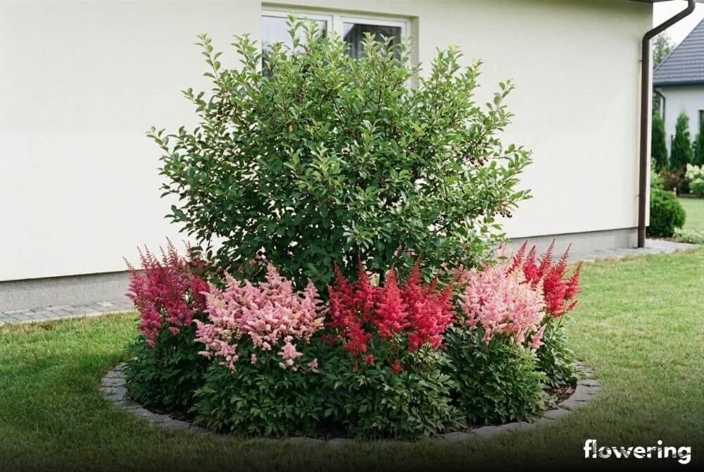 Krzew czeremchy przy domu z tawułkami w kolorowych kwiatostanach tworzącymi barwne dolne piętro rabaty