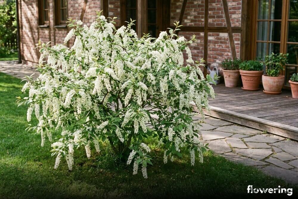 Krzew czeremchy 'Watereri' z długimi śnieżnobiałymi kwiatostanami posadzony na trawniku obok domu