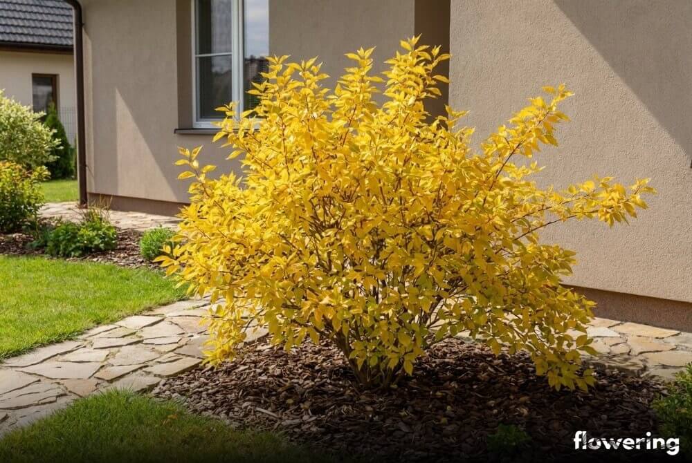 Dereń biały 'Aurea' jako złocistoliści krzew na słonecznej rabacie przy domu