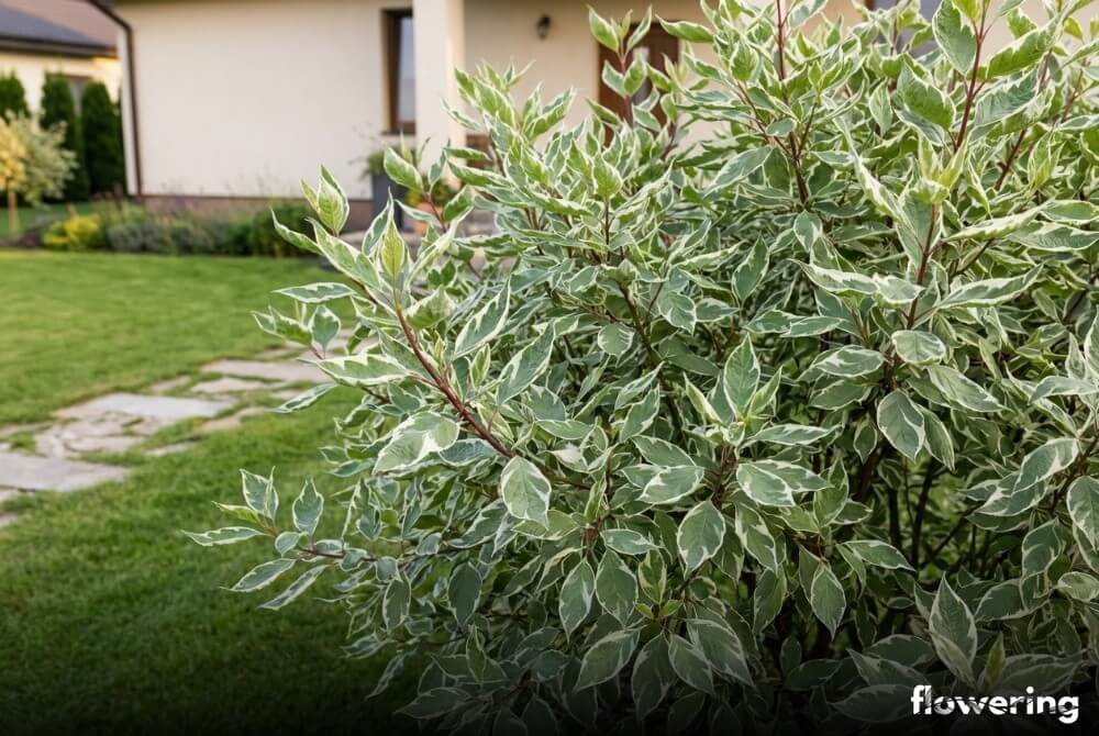 Dereń biały 'Elegantissima' jako duży, jasno ulistniony krzew z białym marginesem liści przy domu