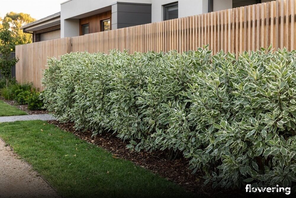 Nieformowany żywopłot z derenia białego 'Elegantissima' rozjaśniający granicę działki przy domu