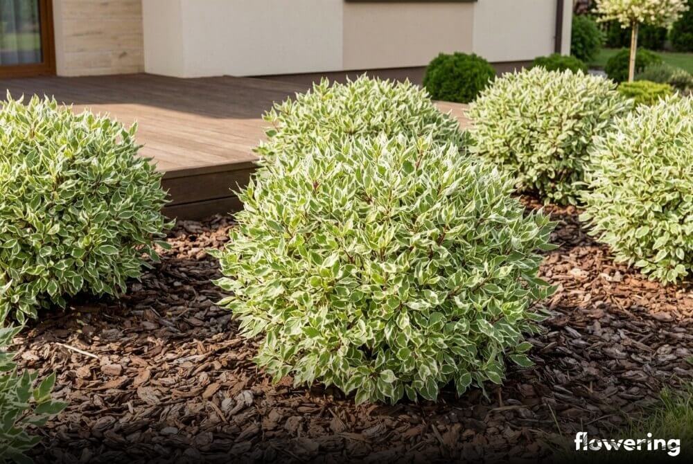 Dereń biały 'Ivory Halo' jako niski, gęsty krzew z białopstrymi liśćmi przy tarasie domu