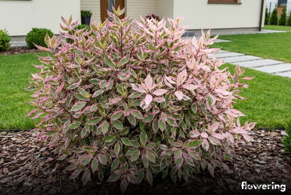 Dereń biały 'Miracle' jako pstry, wielobarwny krzew z zielono-biało-różowymi liśćmi przy domu