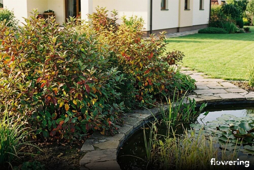 Dereń biały obsadzający brzeg stawu w ogrodzie przy domu