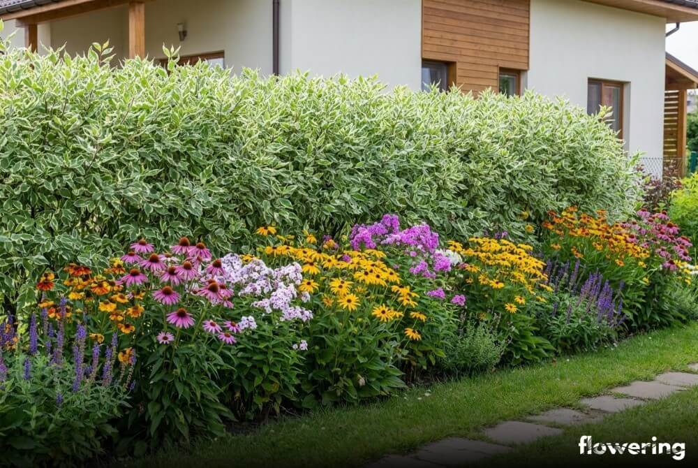 Dereń biały jako zielone tło dla letnich bylin, jeżówek i rudbekii przy domu