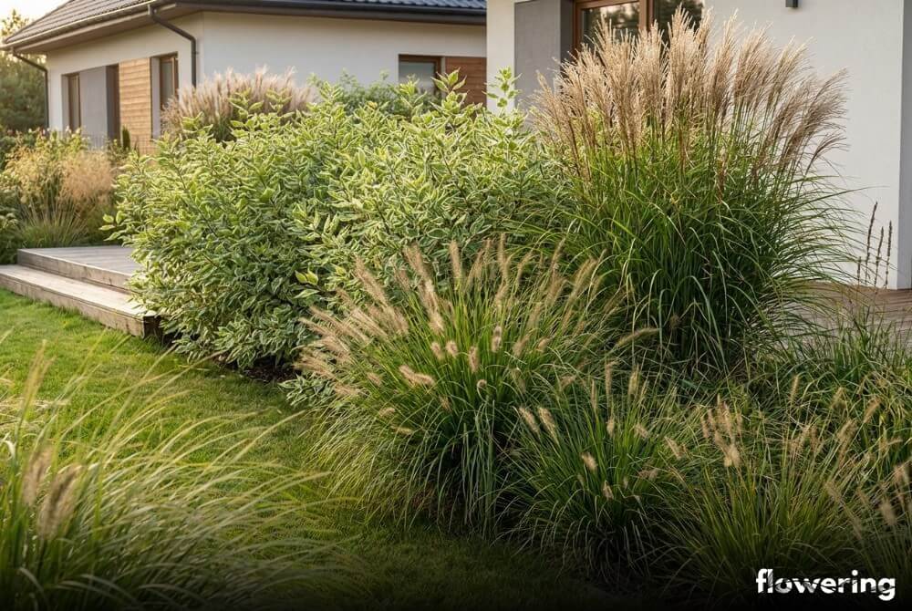 Dereń biały jako tło dla wysokich traw ozdobnych na późnoletniej rabacie przy domu