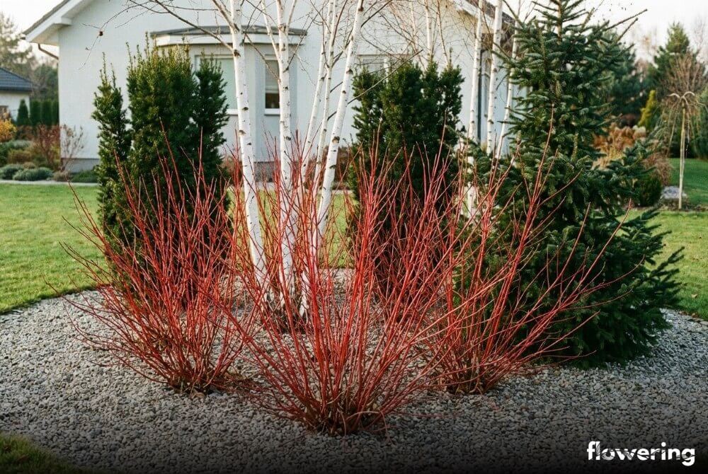 Grupa dereni białych z czerwonymi pędami na tle brzóz o białej korze i ciemnych iglaków przy domu