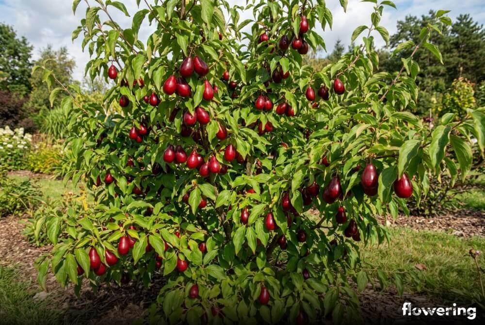 Dereń jadalny 'Bolestraszycki' w donicy z dużymi czerwonymi, gruszkowatymi owocami