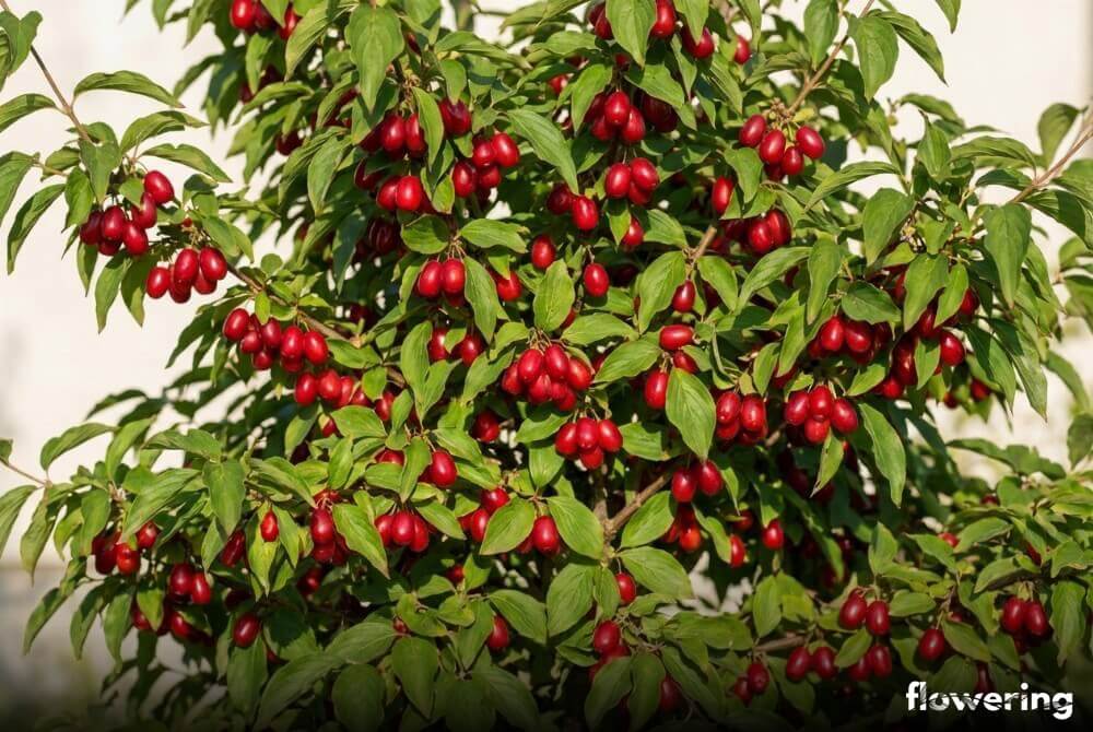 Dereń jadalny 'Dublany' w donicy z licznymi czerwonymi owocami na neutralnym tle